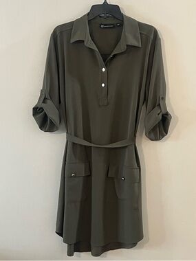 NY&Co Olive Green Shirt Dress XL Button-Front Tie Waist Pockets Work Casual